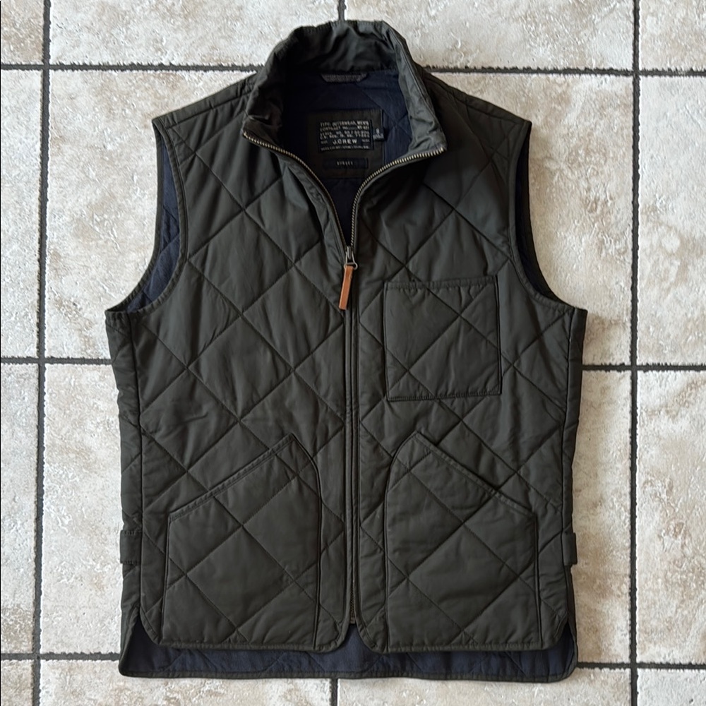 J. Crew Green Quilted Vest with High Collar